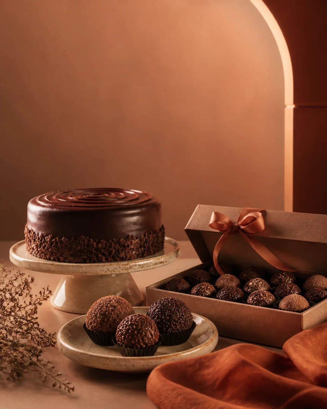 Vitrine de confeitaria com bolo de chocolate e brigadeiros