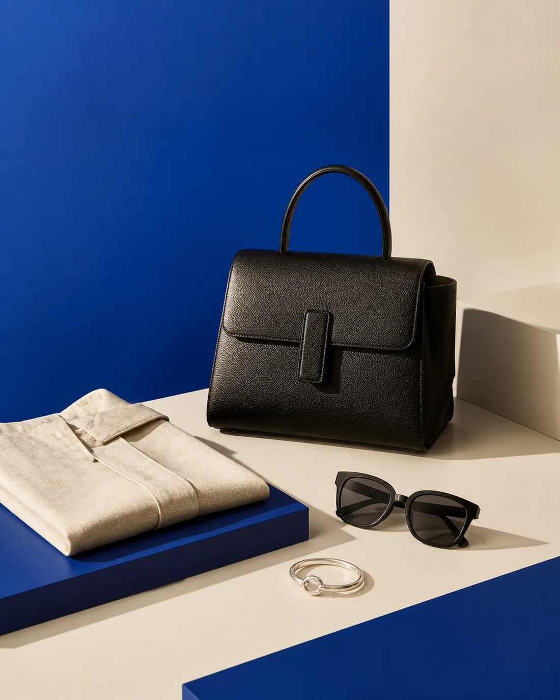 Vitrine de moda com bolsa, óculos e peças em linho
